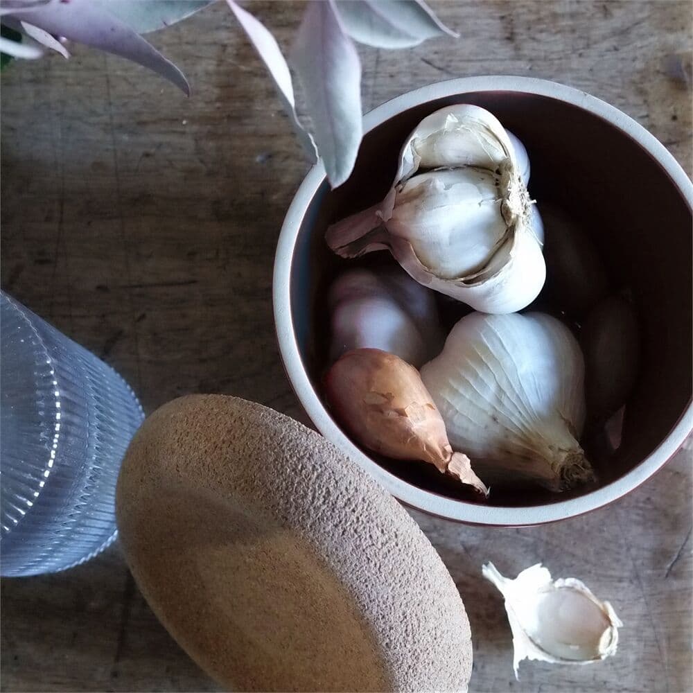 EMILE HENRY Керамичен канистер за чесън с капак „GARLIC POT“ – Ø 14,5 см – цвят червен