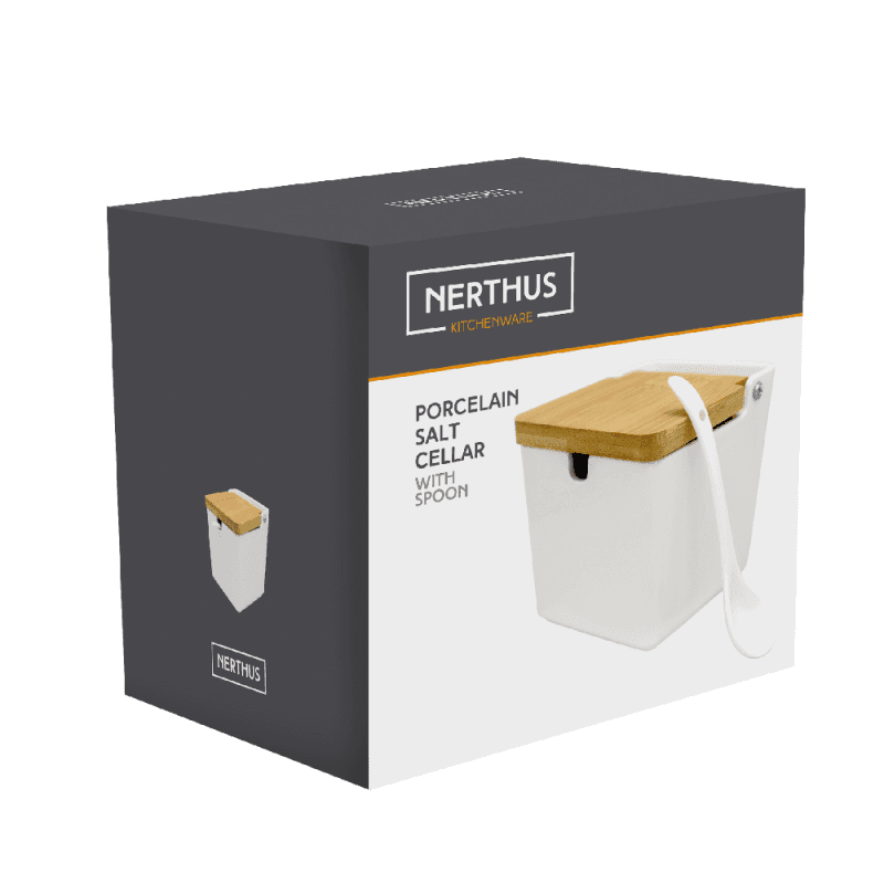 Nerthus Квадратен порцеланов съд за сол с капак и лъжица
