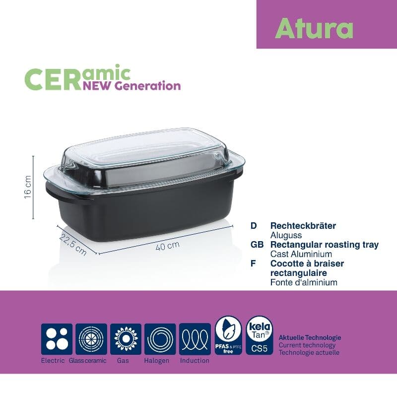 KELA Дълбока тава с капак с керамично покритие “Atura“ – 40 х 22,5 см.