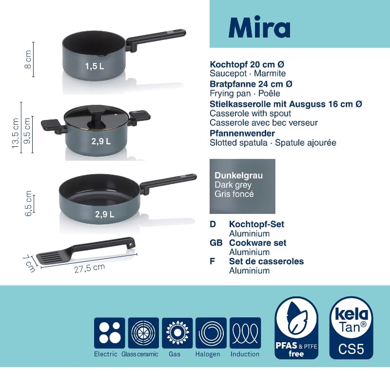 KELA Комплект съдове за готвене с керамично покритие “Mira“ - 5 части - тъмно сиви - снимка 4