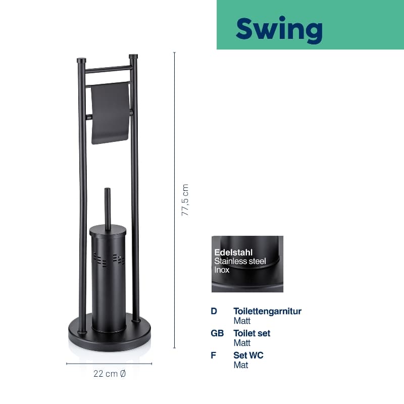 KELA Комплект стойка за тоалетна хартия и четка за тоалетна “Swing“ - черна - свободно стояща - снимка 2