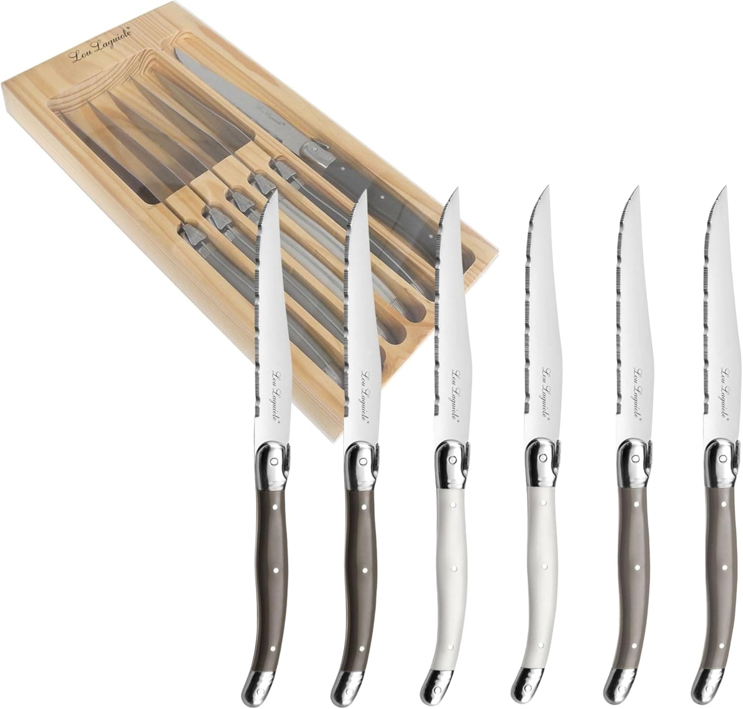 Lou Laguiole Комплект ножове за стек 6 бр. в дървена кутия - три цвята