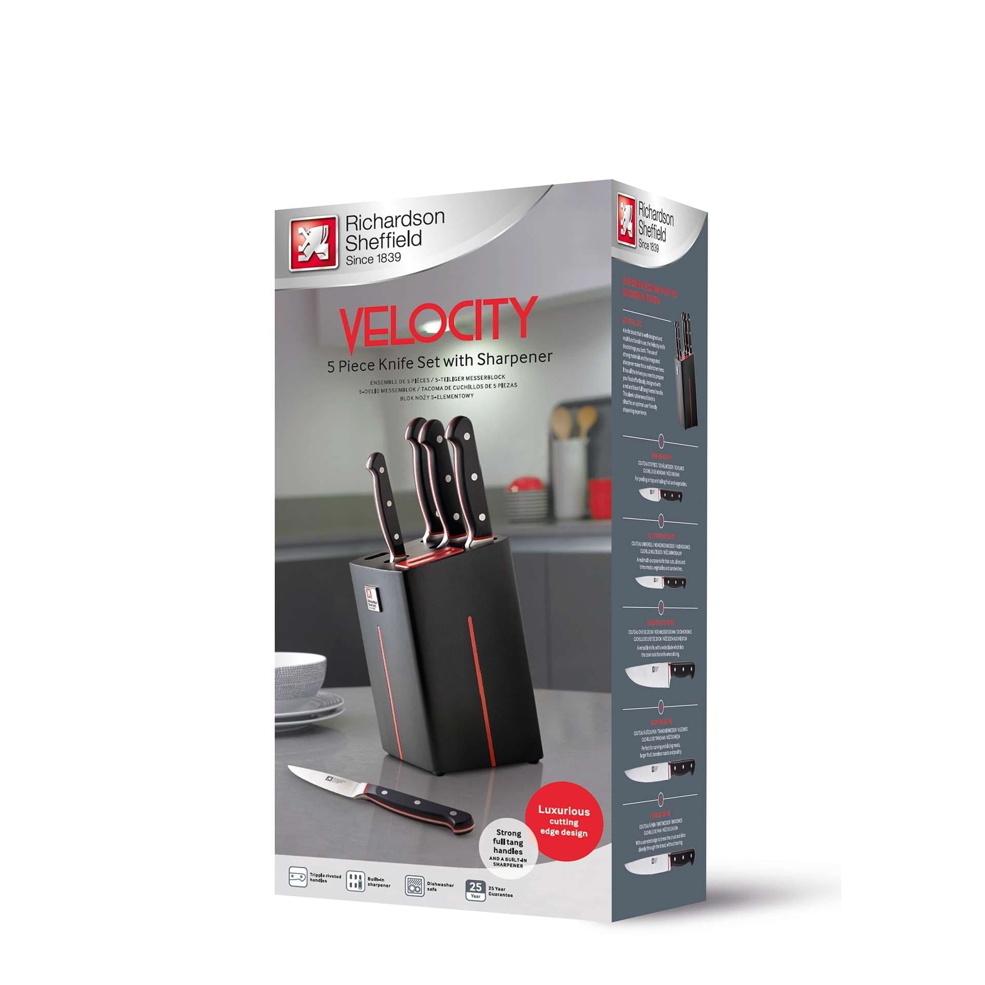 Richardson Sheffield Комплект ножове VELOCITY 5 бр. в блок от каучуково дърво с вградено точило - снимка 5