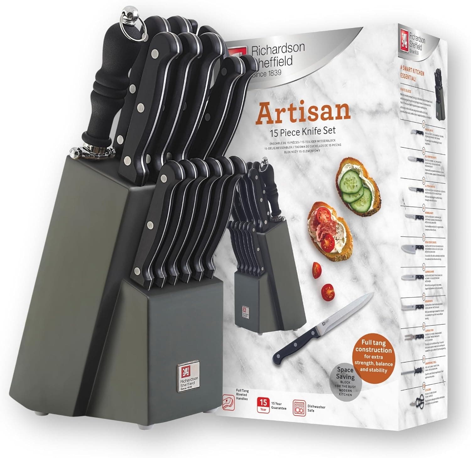 Richardson Sheffield Комплект ножове ARTISAN 15 бр. в дървен блок - черен - снимка 2