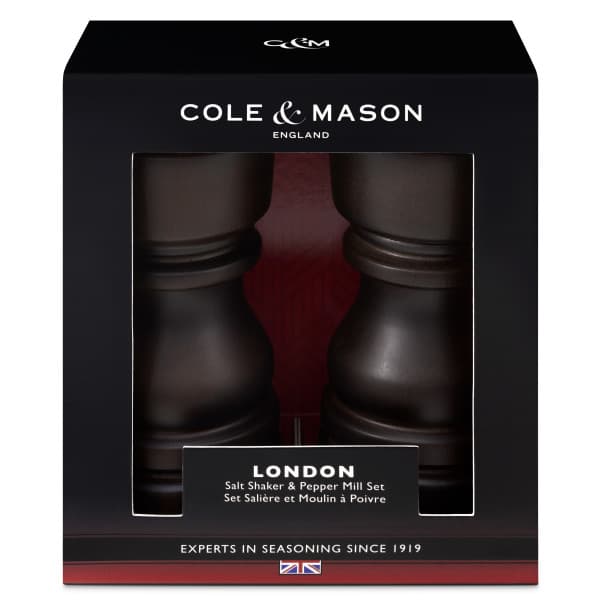 COLE & MASON Подаръчен комплект дървени солница + мелничка за пипер LONDON - 13 см - цвят тъмен шоколад - снимка 2