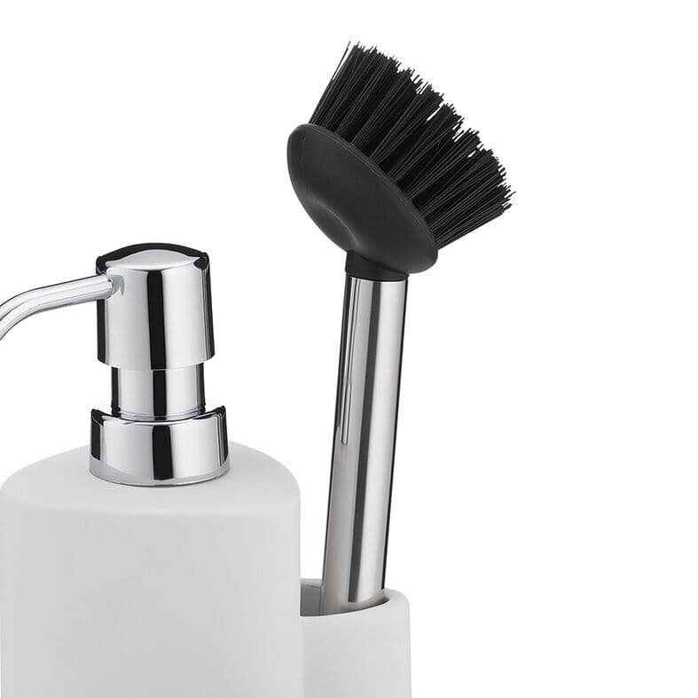 KELA Комплект диспенсър за сапун с четка и отделение за гъба “Purana“ – 350 мл. – бял