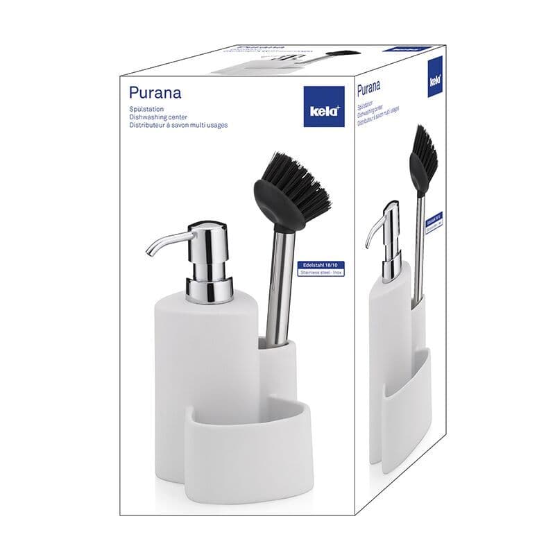 KELA Комплект диспенсър за сапун с четка и отделение за гъба “Purana“ – 350 мл. – бял