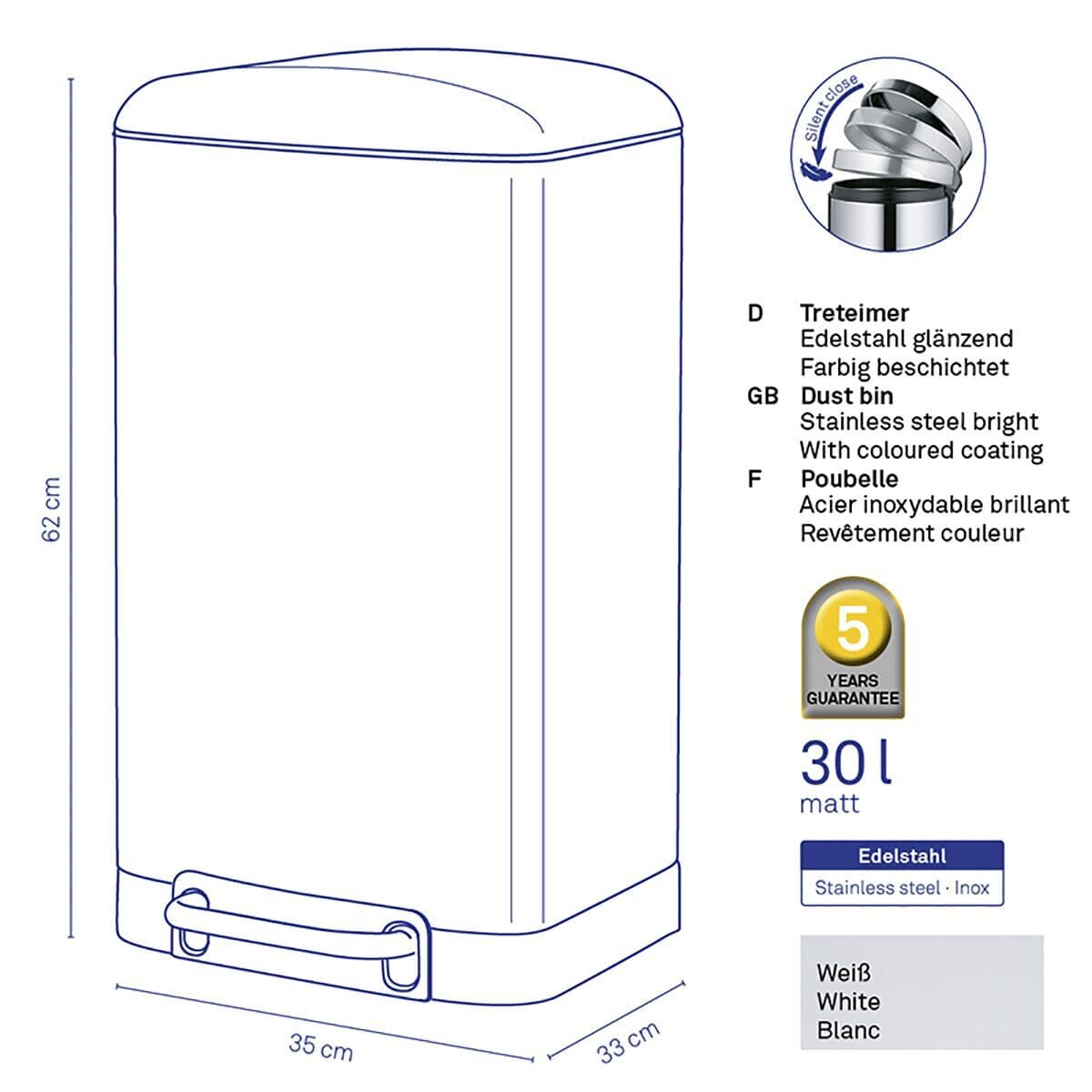 KELA Кош за отпадъци с педал “Davino“ – бял – 30 л.
