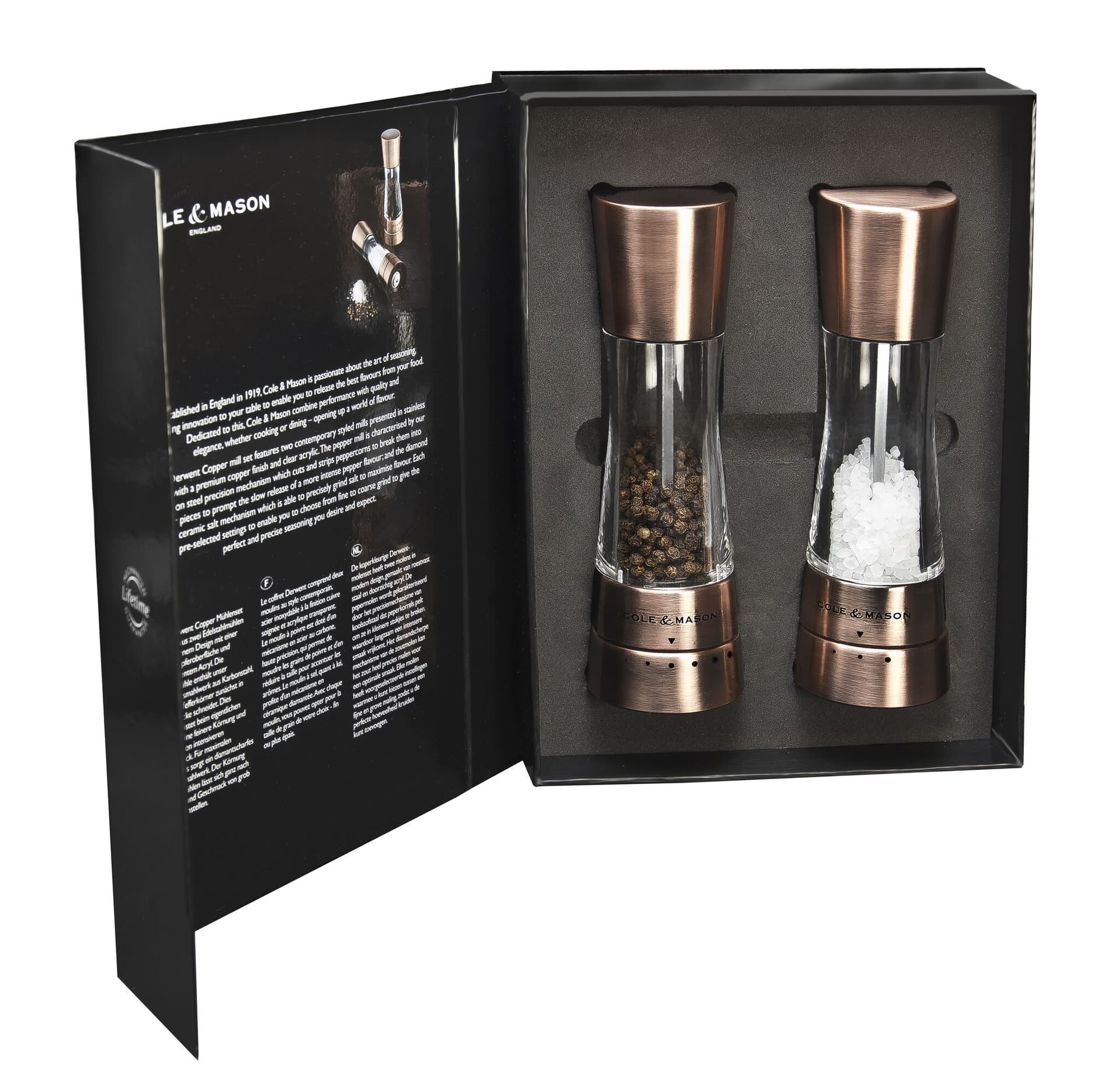 COLE & MASON Комплект мелнички за сол и пипер “DERWENT“ – 19 см. – с механизъм за прецизност – цвят мед