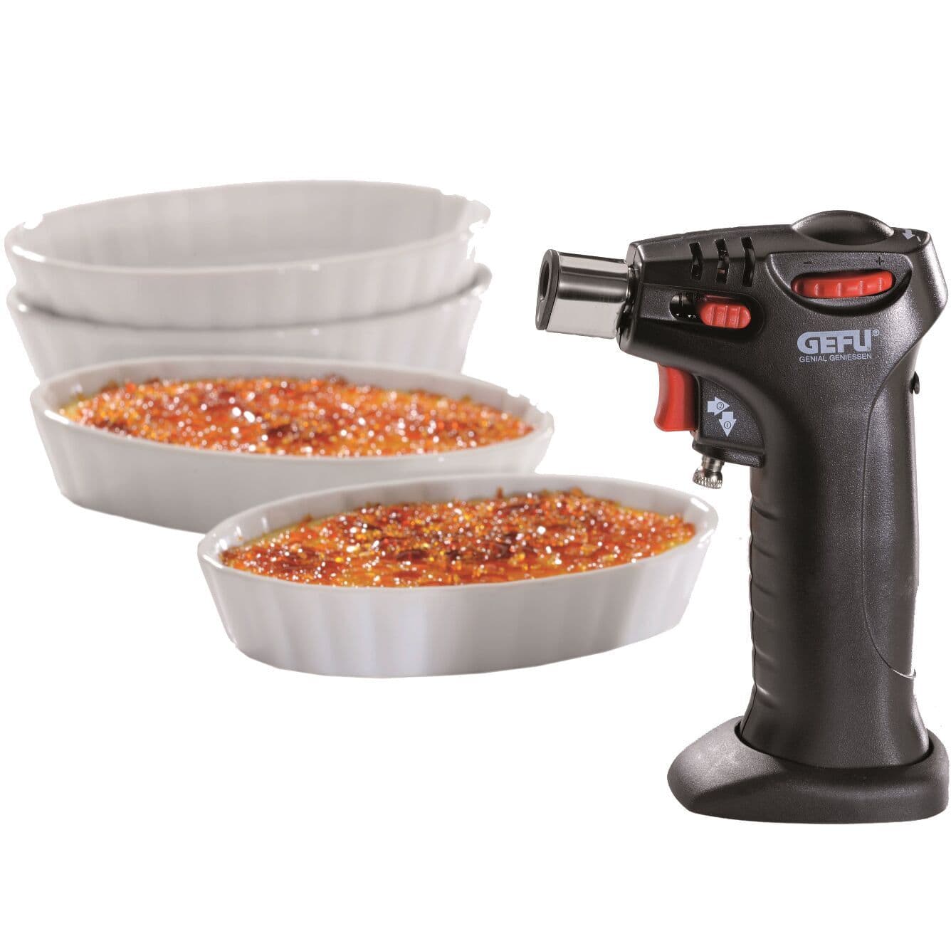 GEFU Сет за крем брюле CARMELLO от 5 части – газова горелка + 4 порцеланови купи