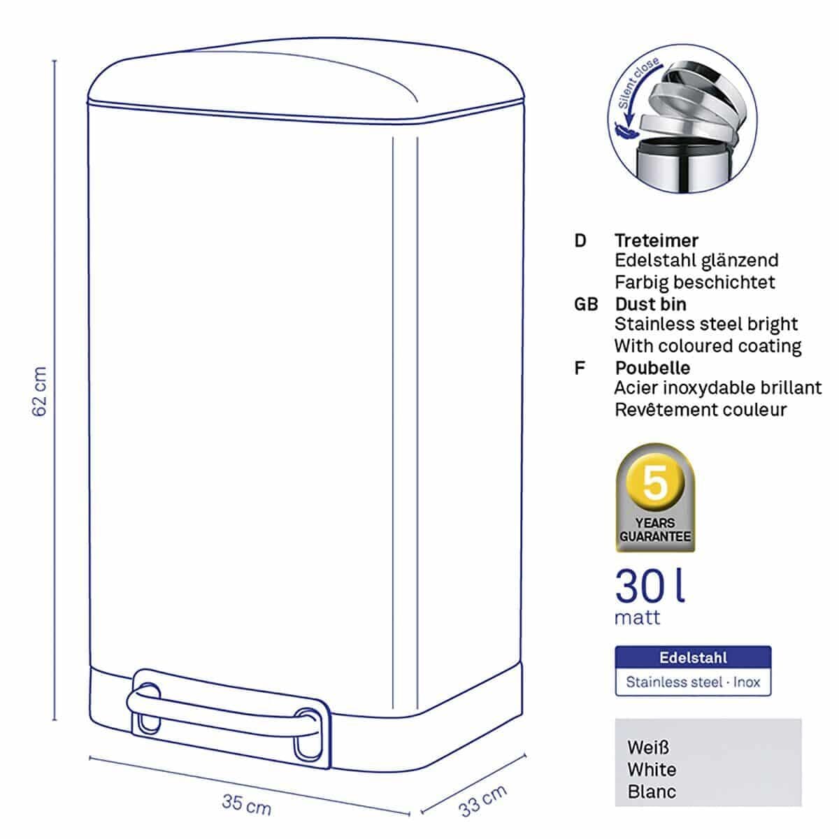 KELA Кош за отпадъци с педал “Davino“ – бял – 30 л.