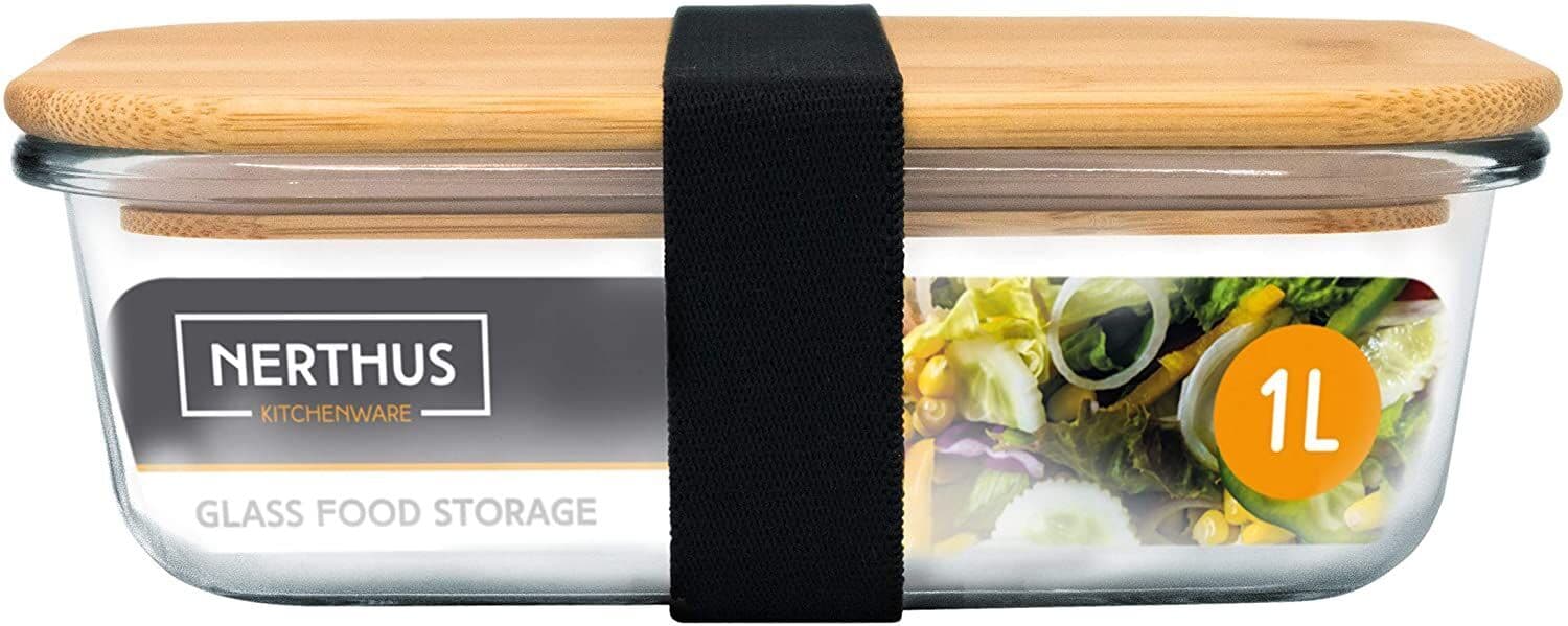 Nerthus Стъклена кутия за храна с херметическо затваряне и бамбуков капак – 1 л.