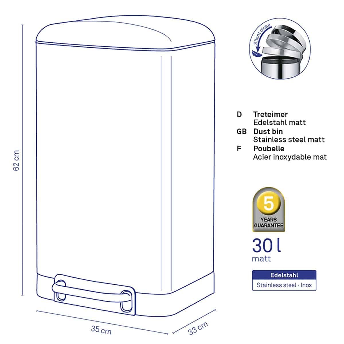 KELA Кош за отпадъци с педал “Davino“ – неръждаема стомана мат – 30 л.