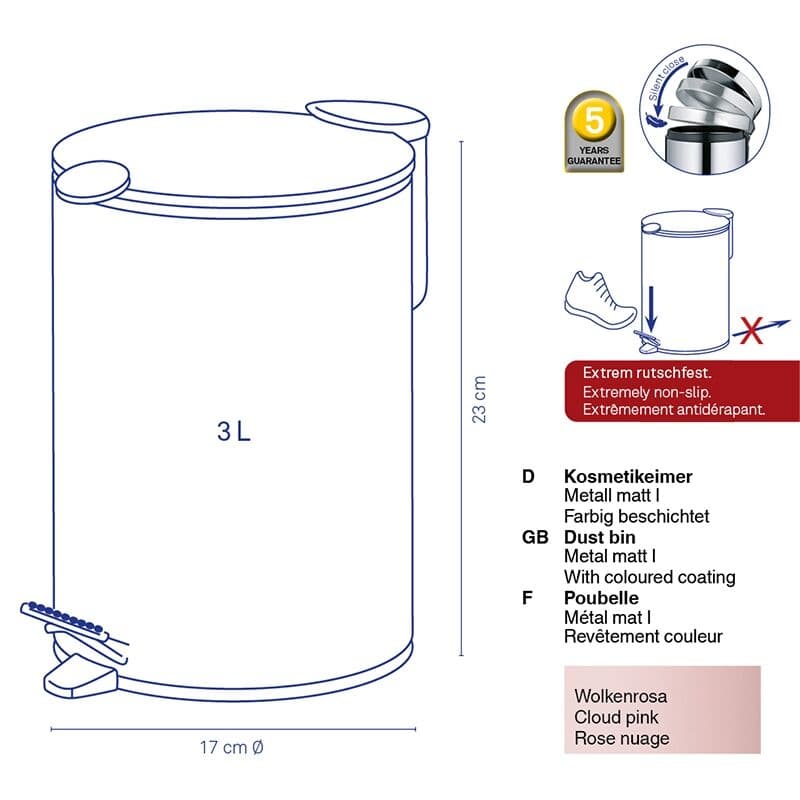 KELA Кош за отпадъци с педал “Mats“ – розов – 3 л.