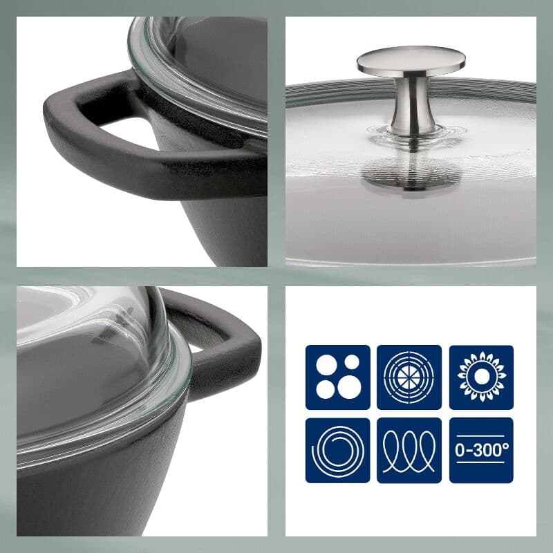 KELA Чугунена плитка тенджера със стъклен капак “Calido“ – Ø 28 см. – черна