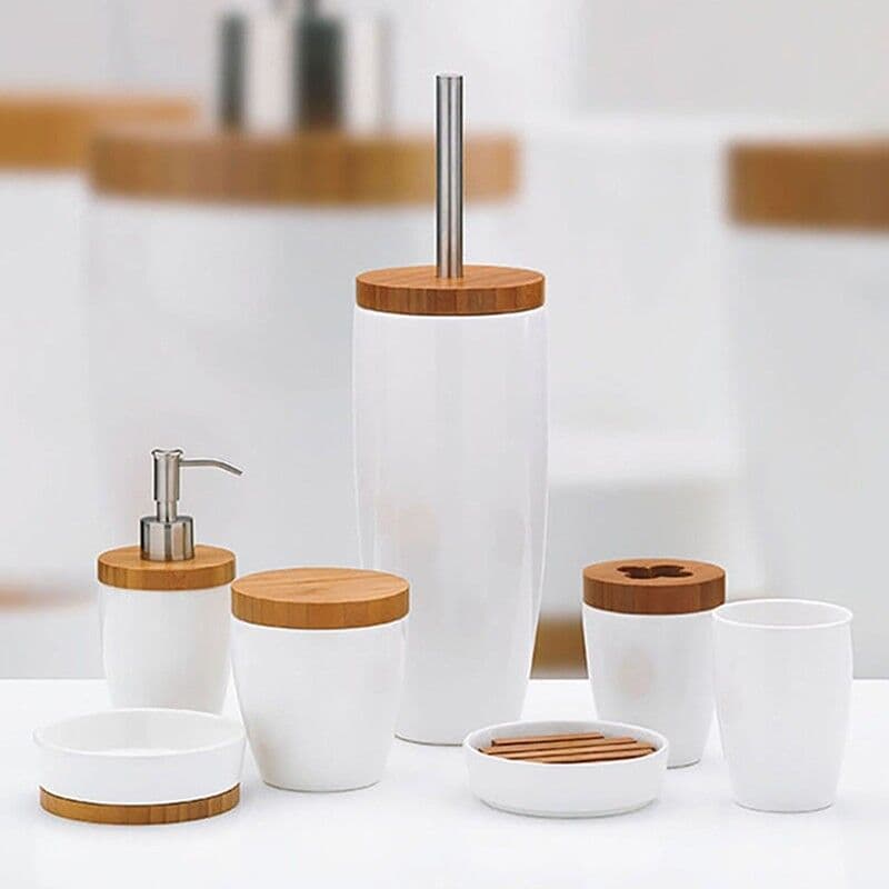 KELA Поставка за аксесоари/Сапунерка “Natura“ – бялa с бамбуков елемент