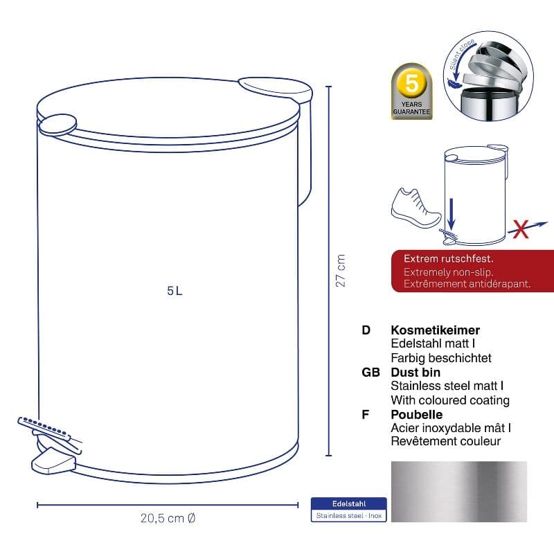 KELA Кош за отпадъци с педал “Mats“ – сребрист мат – 5 л.