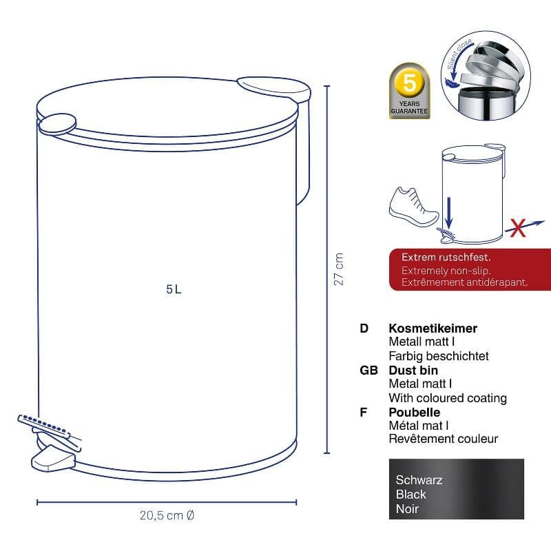 KELA Кош за отпадъци с педал “Mats“ – черен – 5л.