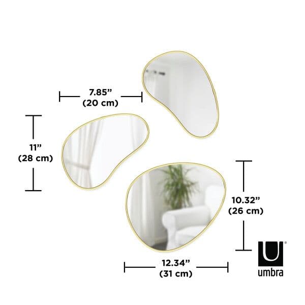 UMBRA Сет от 3 бр. огледала за стена “HUBBA PEBBLE“ – цвят месинг