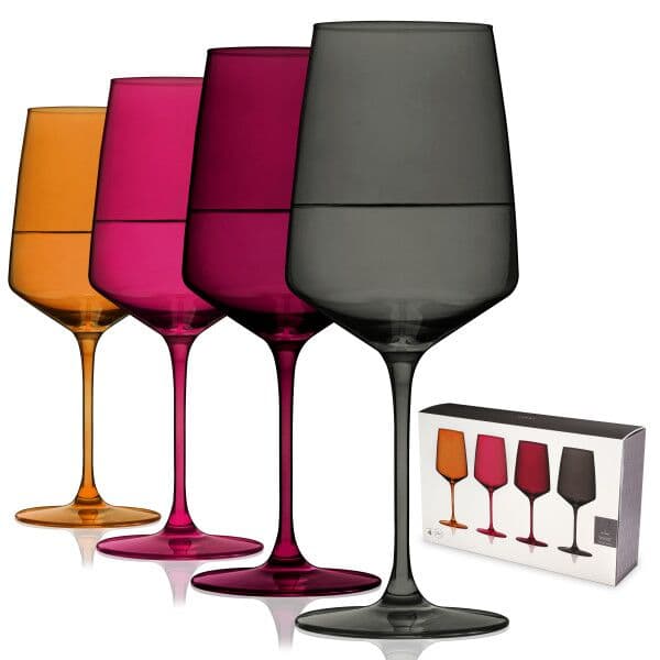 VISKI Кристални чаши за вино “Nouveau“ 4 бр. – опушено сиво, кехлибар, гранат и горски плодове – 650 мл.