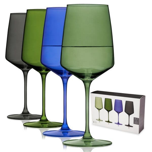 VISKI Кристални чаши за вино “Nouveau“ 4 бр. – опушено сиво, кобалт, бор и градински чай – 650 мл.