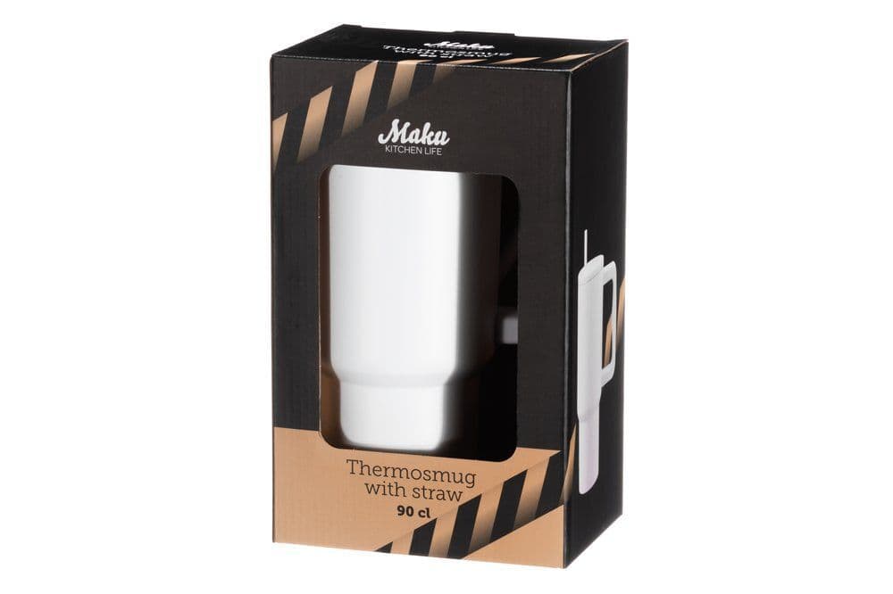 MAKU Двустенна термочаша с дръжка и сламка 900 мл. – бяла