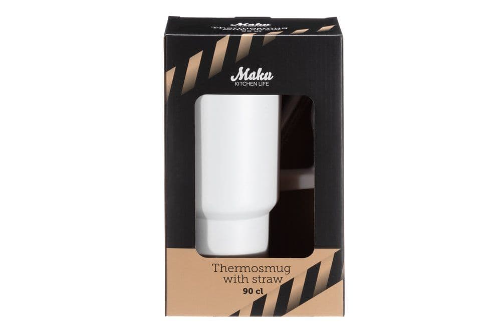 MAKU Двустенна термочаша с дръжка и сламка 900 мл. – бяла