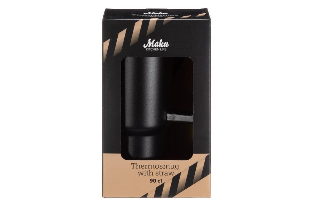 MAKU Двустенна термочаша с дръжка и сламка 900 мл. – черна