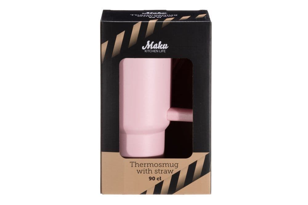 MAKU Двустенна термочаша с дръжка и сламка 900 мл. – розова
