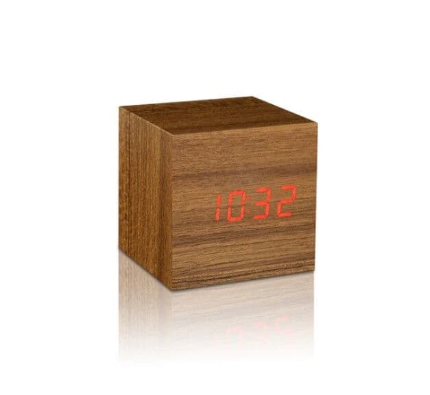 GINGKO Часовник с термометър “CUBE“ - тиково дърво с червени цифри