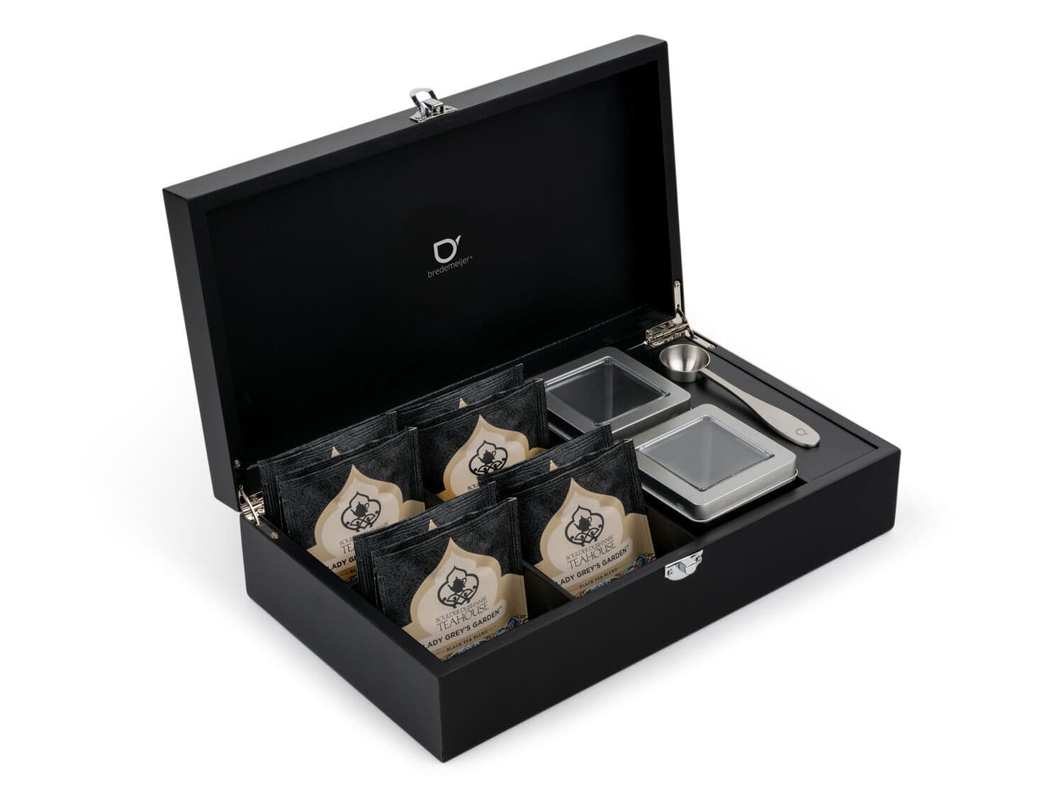 BREDEMEIJER Черна бамбукова кутия за чай с 2 канистера и дозаторна лъжица