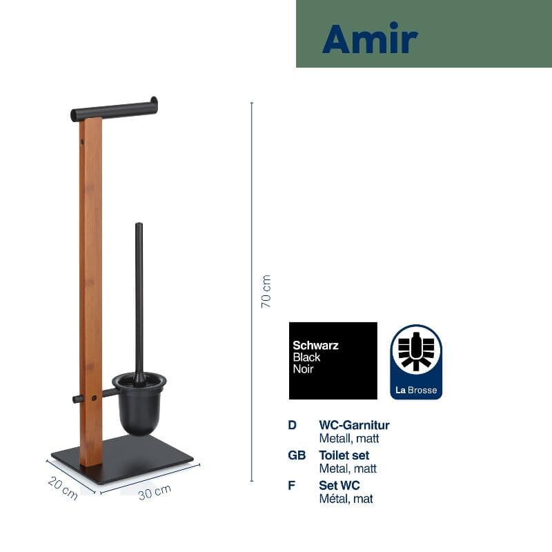 KELA Комплект стойка за тоалетна хартия и четка за тоалетна “Amir“ – черна – свободно стояща