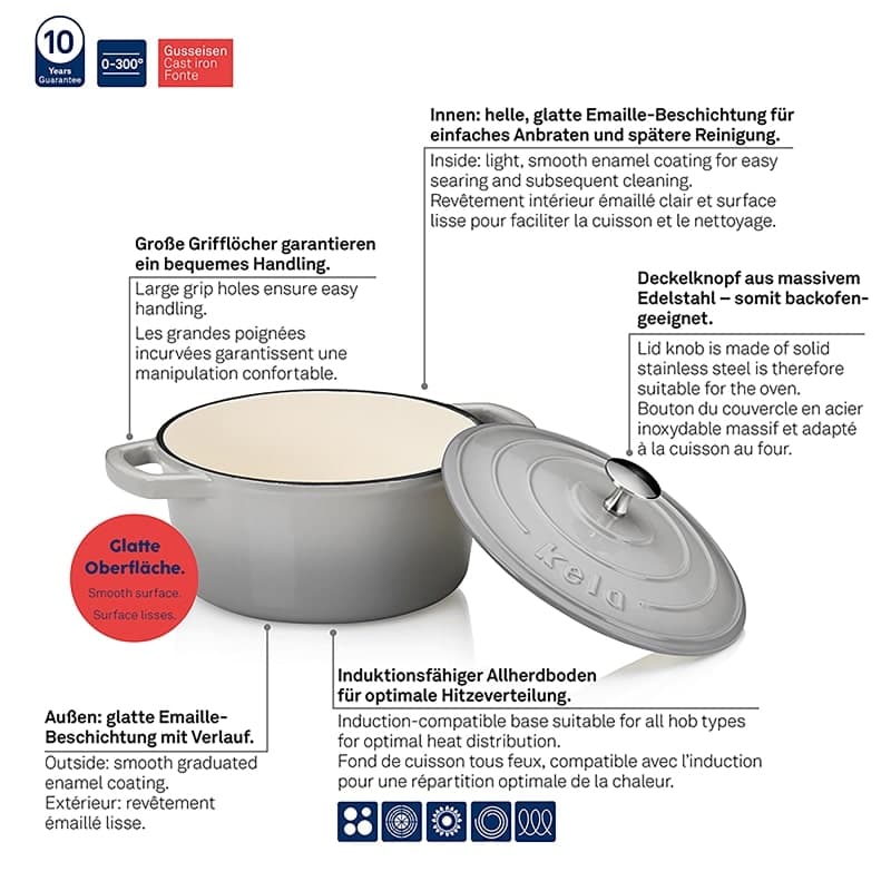 KELA Чугунена тенджера с капак “Calido“ – Ø 21 см. – светло сива