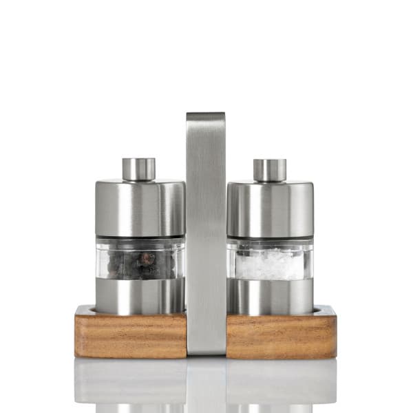 AdHoc Комплект мелнички за сол и пипер със стойка - Menage Minimill - стомана/акация