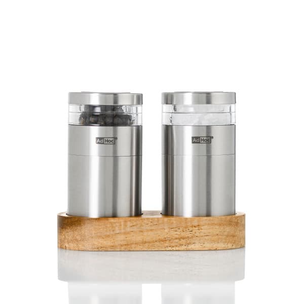 AdHoc Комплект мелнички за сол и пипер със стойка - Menage Molto - стомана/акация