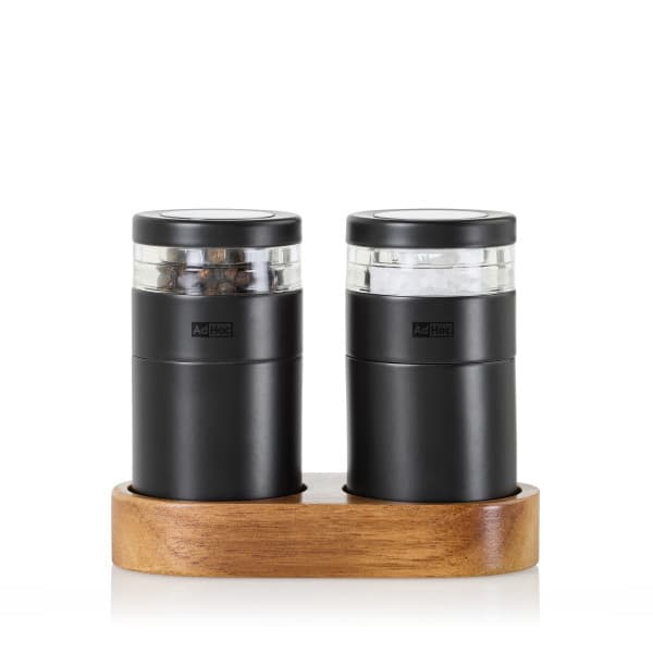 AdHoc Комплект мелнички за сол и пипер със стойка - Menage Molto - черна стомана/акация