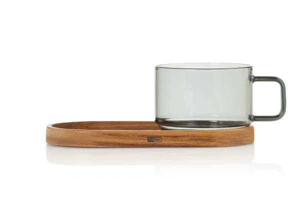 AdHoc Стъклена чаша 300 мл. с подложка - Impact - сиво стъкло/акация