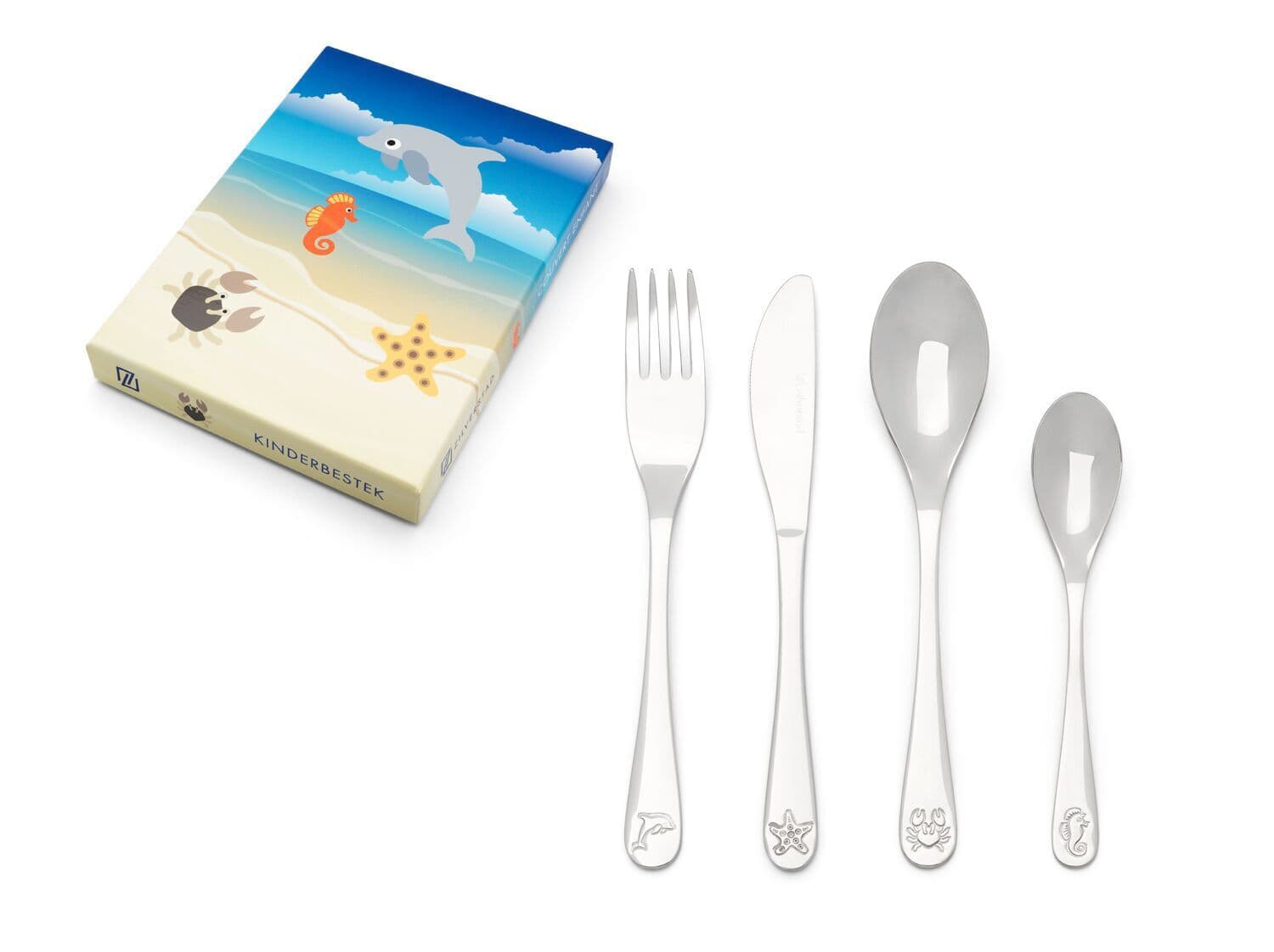 ZILVERSTAD Комплект стоманени детски прибори за хранене “Морски живот“ – 4 части
