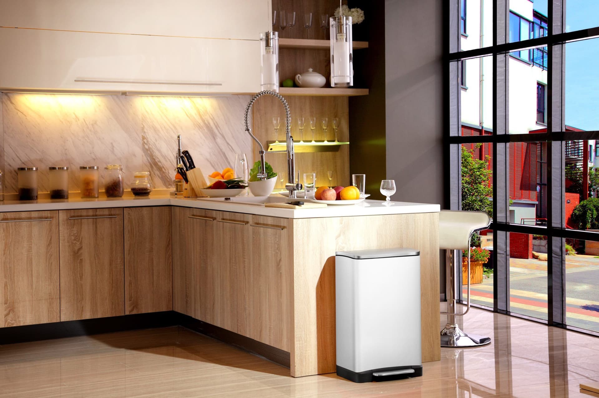 EKO Кош за разделно събиране на отпадъци с педал “E-CUBE“ – (28 + 18) литра – бял