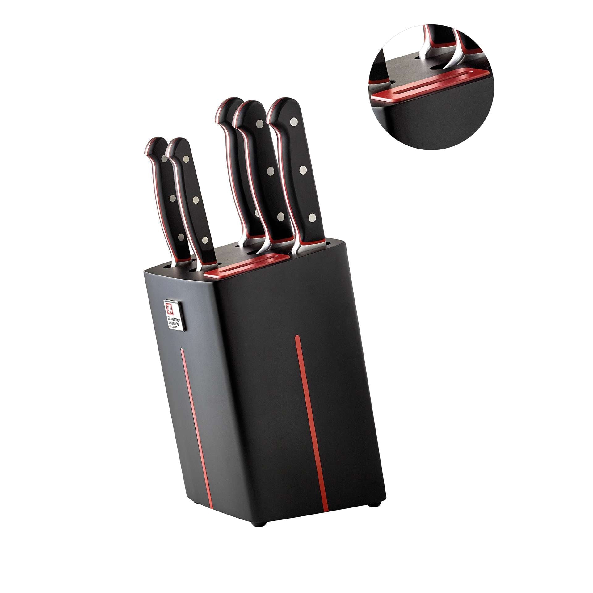 Richardson Sheffield Комплект ножове VELOCITY 5 бр. в блок от каучуково дърво с вградено точило