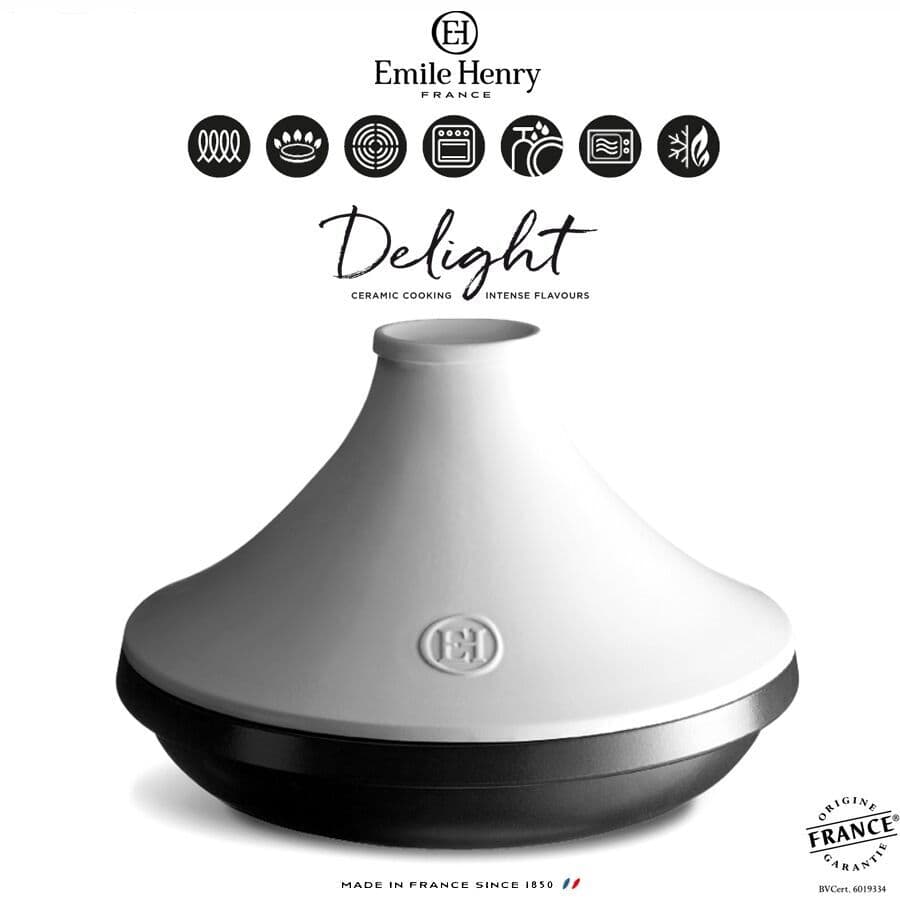 EMILE HENRY Керамичeн индукционен тажин “DELIGHT“, голям – Ø 33,5 см – цвят черен/бял