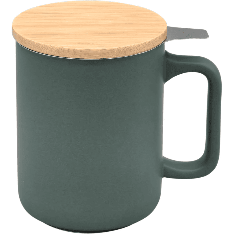 Nerthus Керамична чаша за чай със стоманен филтър и бамбуков капак - 375 мл - зелена
