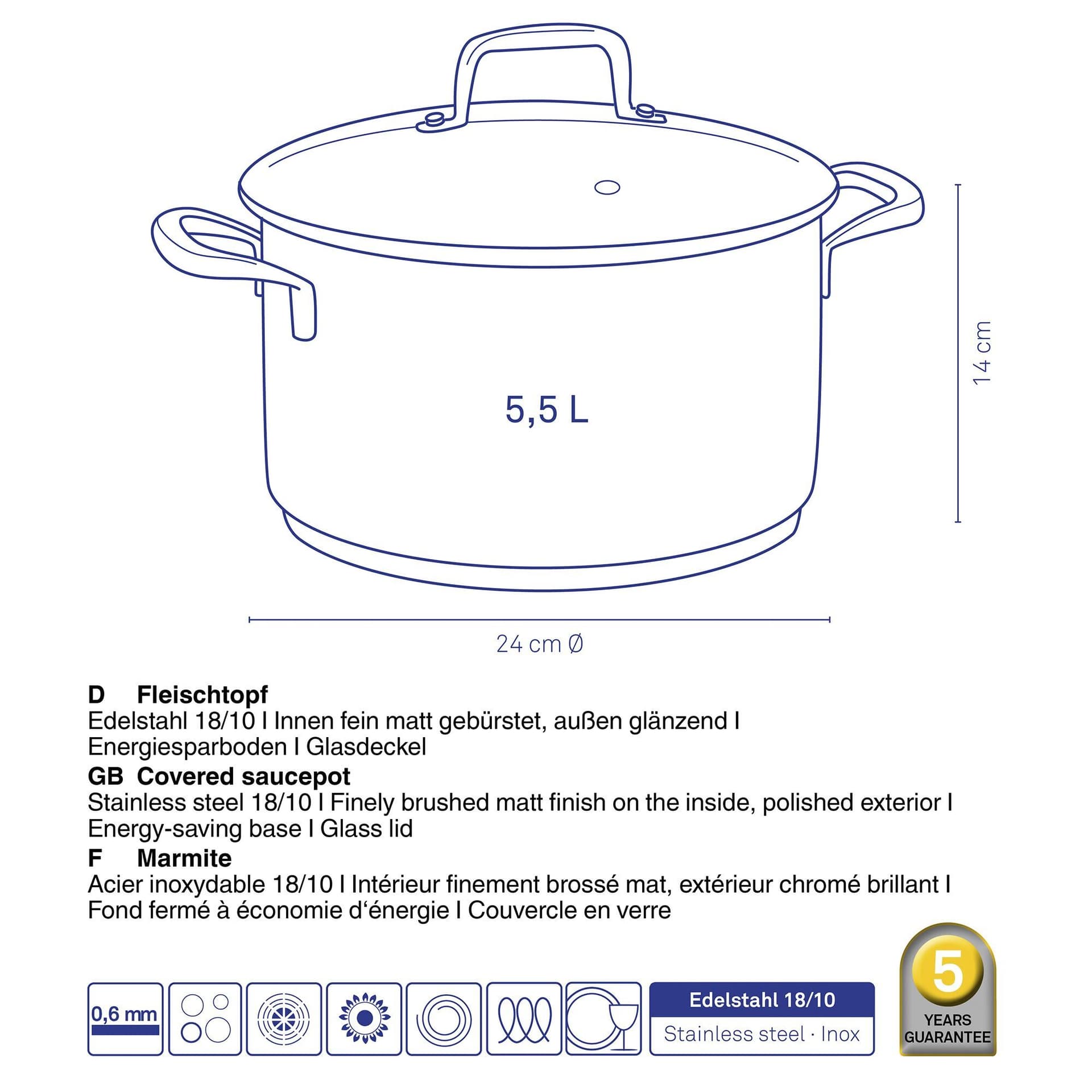 KELA Дълбока тенджера с капак “Flavoria“ – Ø 24 см. – 5,5 л.