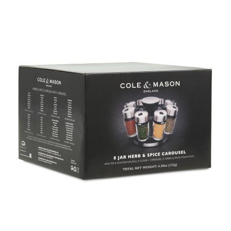 <p><strong><span style="font-size: small;">COLE & MASON Комплект за подправки “HERB & SPICE“ - 8 части + стойка </span></strong><br />• <strong>8 бр. стъклени бурканчета с подправки, с възможност за презареждане </strong><br />• <strong>Височина на бурканчето:</strong> 85 мм<br />• <strong>Хромирани капачки, които се затварят херметически и са с два вида отвори за правилно дозиране </strong><br />• <strong>Въртяща се стойка с удобна дръжка за носене; </strong><br />• <strong>Материали:</strong> стъкло, пластмаса, метал<br />• <strong>Размери на стойката: </strong>14 х 22,5 см.( Д х В)<br />• <strong>Подправки: </strong>мащерка, босилек, риган, магданоз, розмарин, куркума, градински чай, червен пипер<br /><span style="font-size: small;"><strong>Производител: Cole&Mason / Англия</strong></span></p><br />Марка: COLE & MASON <br />Модел: Cole & Mason H 121807<br />Доставка: 2-4 работни дни<br />Гаранция: 2 години