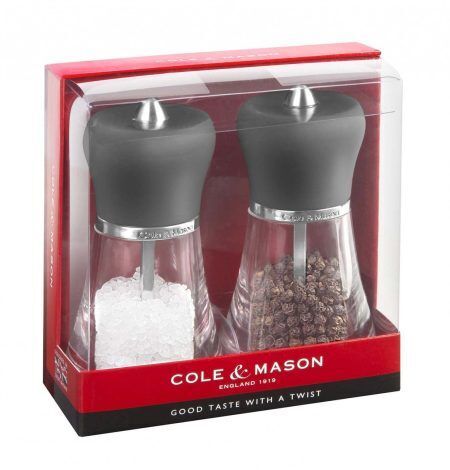 <p><span style="font-size: small;"><strong>COLE&MASON Комплект мелнички за сол и пипер “NAPOLI“ - 12 см.</strong></span></p>
<p><span>• </span><strong>Височина:</strong><span> 12 см.</span><br /><span>• </span><strong>Материал:</strong><span> силикон, акрил, стомана, керамика</span><br /><span>• </span><strong>Цвят:</strong><span> черен</span><br /><strong>• Механизъм на мелницата за сол: </strong><span>керамичен</span><strong><br />• Механизъм на мелницата за черен пипер: </strong><span>закалена въглеродна стомана</span><strong><br /></strong><span style="color: #ff0000;">• <strong>Да не се мокри с вода!<br /></strong>•</span><span> <strong><span style="color: #ff0000;">Не използвайте мелничките за различни от каменна сол и черен пипер продукти!!! </span><br /></strong></span><span><strong>Производител: Cole&Mason / Англия</strong></span><br /><br /></p><br />Марка: COLE & MASON <br />Модел: Cole & Mason H 358F80<br />Доставка: 2-4 работни дни<br />Гаранция: 2 години