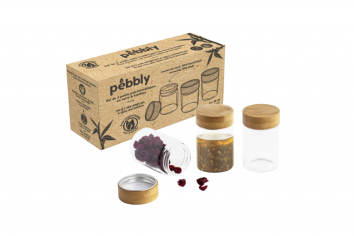 <p><strong>PEBBLY Сет от 3 бр. стъклени канистери за съхранение с бамбуков капак - 75 мл.</strong><br /><strong>• Материал:</strong><span> стъкло, бамбук, силикон</span><br /><strong>• Вместимост: </strong>75<span> мл.</span><br /><strong>• Размер на бурканче: </strong>Ø 4,7 х 7,5 см.<strong><br /></strong><strong><strong><strong>• Капакът не е подходящ за съдомиялна машина</strong></strong><br /></strong><strong>Производител: PEBBLY / Франция</strong></p><br />Марка: PEBBLY <br />Модел: PEBBLY PKV030<br />Доставка: 2-4 работни дни<br />Гаранция: 2 години