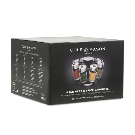 <p><strong><span style="font-size: small;">COLE & MASON Комплект за подправки “HERB & SPICE“ - 8 части + стойка </span></strong><br />• <strong>8 бр. стъклени бурканчета с подправки, с възможност за презареждане </strong><br />• <strong>Височина на бурканчето:</strong> 85 мм<br />• <strong>Хромирани капачки, които се затварят херметически и са с два вида отвори за правилно дозиране </strong><br />• <strong>Въртяща се стойка с удобна дръжка за носене; </strong><br />• <strong>Материали:</strong> стъкло, пластмаса, метал<br />• <strong>Размери на стойката: </strong>14 х 22,5 см.( Д х В)<br />• <strong>Подправки: </strong>мащерка, босилек, риган, магданоз, розмарин, куркума, градински чай, червен пипер<br /><span style="font-size: small;"><strong>Производител: Cole&Mason / Англия</strong></span></p><br />Марка: COLE & MASON <br />Модел: Cole & Mason H 121807<br />Доставка: 2-4 работни дни<br />Гаранция: 2 години
