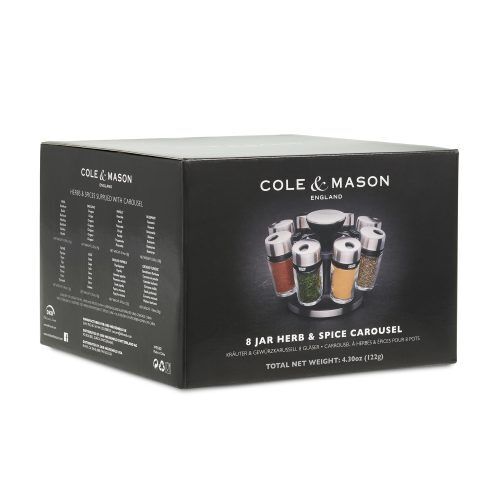 <p><strong><span style="font-size: small;">COLE & MASON Комплект за подправки “HERB & SPICE“ - 8 части + стойка </span></strong><br />• <strong>8 бр. стъклени бурканчета с подправки, с възможност за презареждане </strong><br />• <strong>Височина на бурканчето:</strong> 85 мм<br />• <strong>Хромирани капачки, които се затварят херметически и са с два вида отвори за правилно дозиране </strong><br />• <strong>Въртяща се стойка с удобна дръжка за носене; </strong><br />• <strong>Материали:</strong> стъкло, пластмаса, метал<br />• <strong>Размери на стойката: </strong>14 х 22,5 см.( Д х В)<br />• <strong>Подправки: </strong>мащерка, босилек, риган, магданоз, розмарин, куркума, градински чай, червен пипер<br /><span style="font-size: small;"><strong>Производител: Cole&Mason / Англия</strong></span></p><br />Марка: COLE & MASON <br />Модел: Cole & Mason H 121807<br />Доставка: 2-4 работни дни<br />Гаранция: 2 години