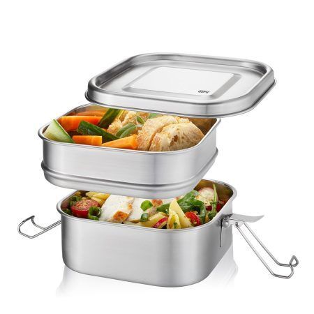 <p><strong><span style="font-size: small;">GEFU Стоманена кутия за храна “ENDURO“ - двойна</span></strong> <br />• <strong>Със силиконово уплътнение на горния контейнер за защита от протичане</strong><br /> • <strong>Два контейнера:</strong> - 800 мл - 1000 мл<br /> • <strong>Размери:</strong> 16,8 х 15,8 х 10 см <br />• <strong>Материал:</strong> неръждаема стомана, пластмаса <br />• <strong>Подходящo за почистване в съдомиялна машина</strong> <br /><strong>Производител: GEFU / Германия</strong></p><br />Марка: GEFU - GERMANY <br />Модел: GEFU 12746<br />Доставка: 2-4 работни дни<br />Гаранция: 2 години