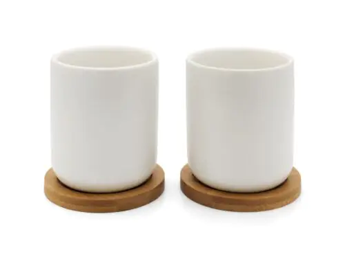 BREDEMEIJER Сет от 2 бр. керамични чаши за чай с бамбукови подложки “Umea“ - бели - 200 мл.